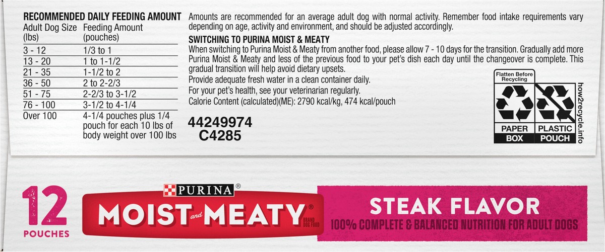 slide 14 of 14, Moist & Meaty Purina Moist and Meaty Steak Flavor Soft Dog Food Pouches, 12 ct