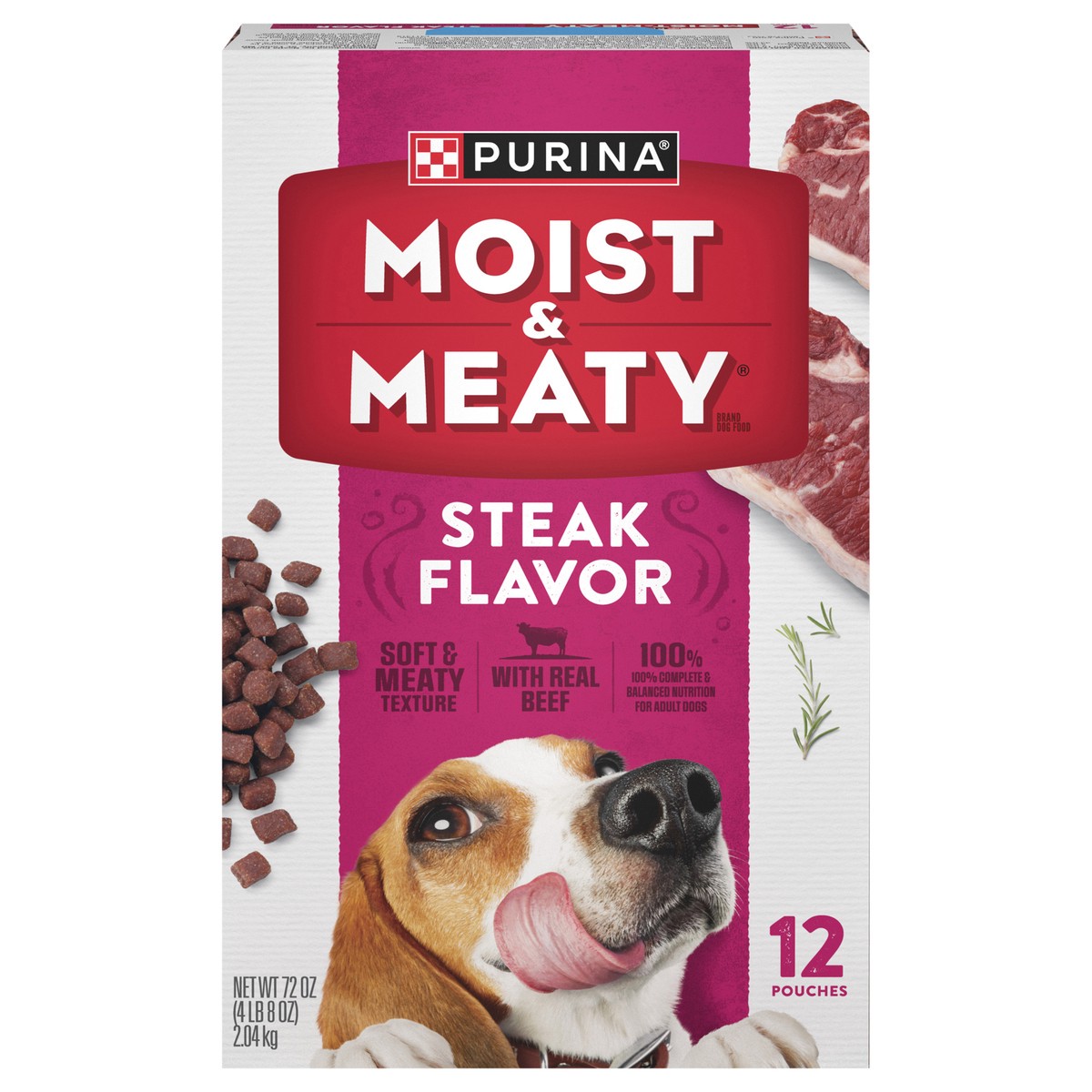 slide 1 of 14, Moist & Meaty Purina Moist and Meaty Steak Flavor Soft Dog Food Pouches, 12 ct