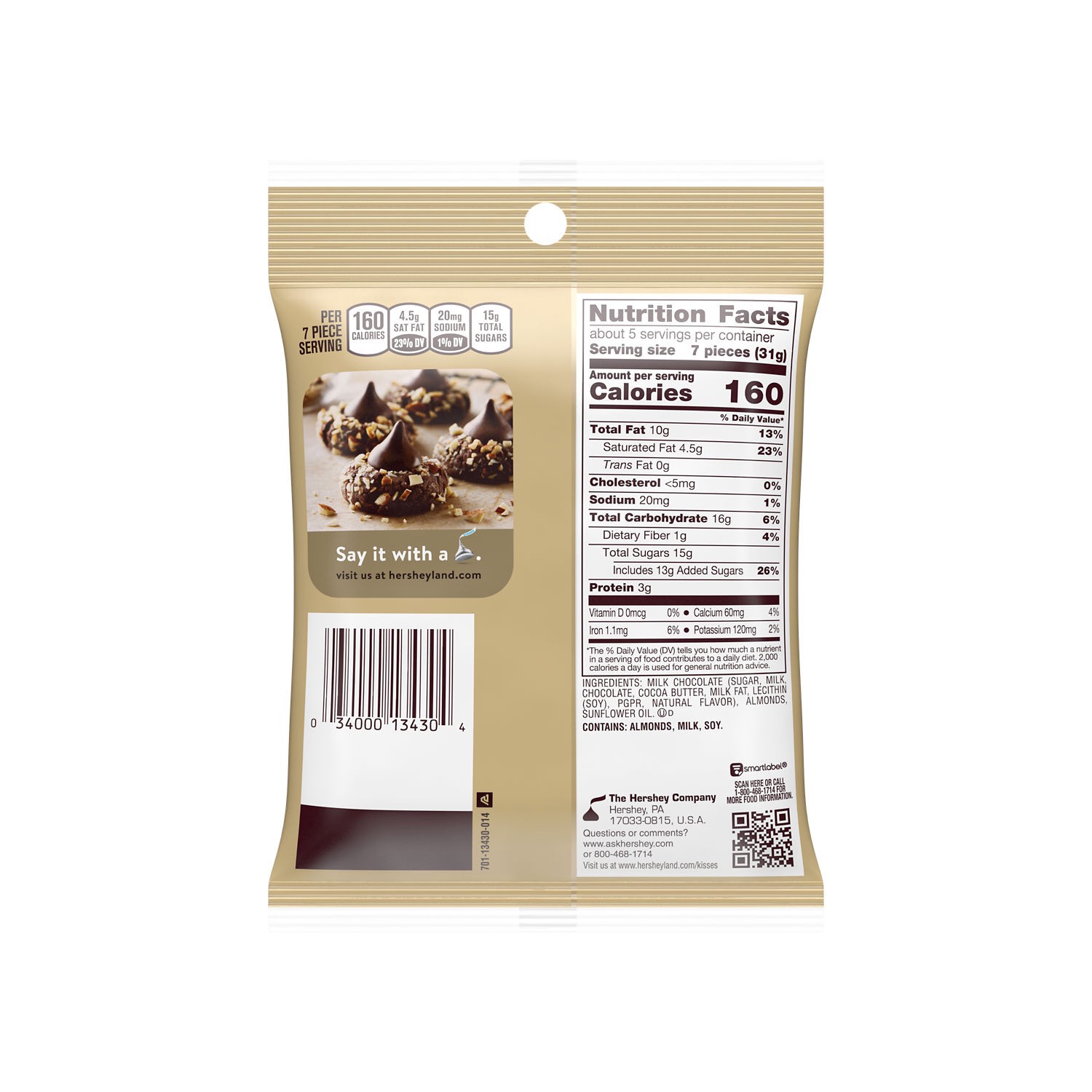 slide 2 of 2, Hershey's KISSES Milk Chocolate with Almonds Gold Foil, Individually Wrapped Candy Bag, 5.3 oz, 5.3 oz