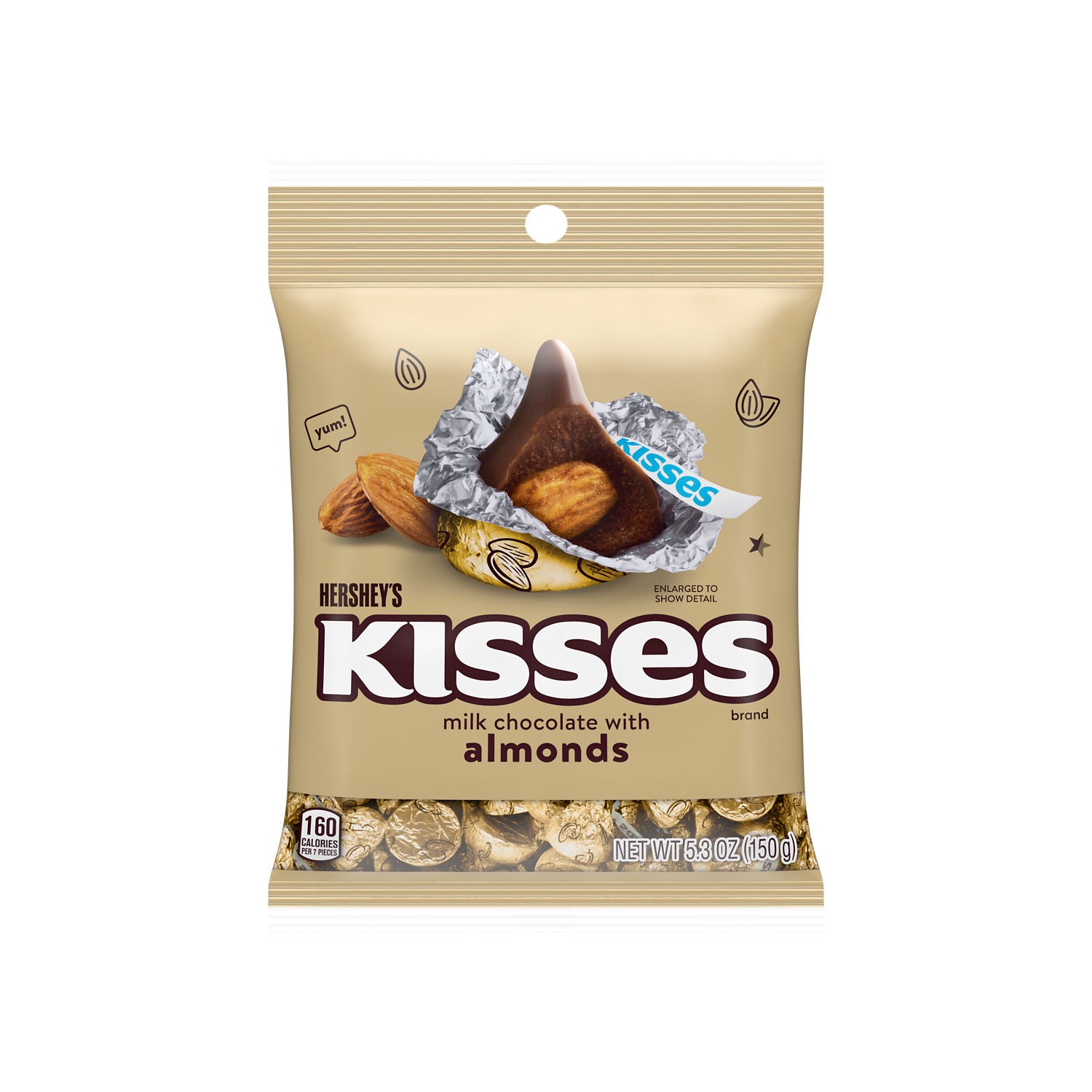 slide 1 of 2, Hershey's KISSES Milk Chocolate with Almonds Gold Foil, Individually Wrapped Candy Bag, 5.3 oz, 5.3 oz