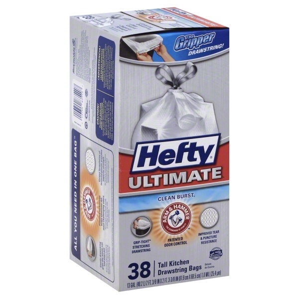 slide 1 of 1, Hefty Ultimate Flex Clean Burst Tall Kitchen Drawstring 13 Gallon Garbage Bags, 38 ct; 13 gal