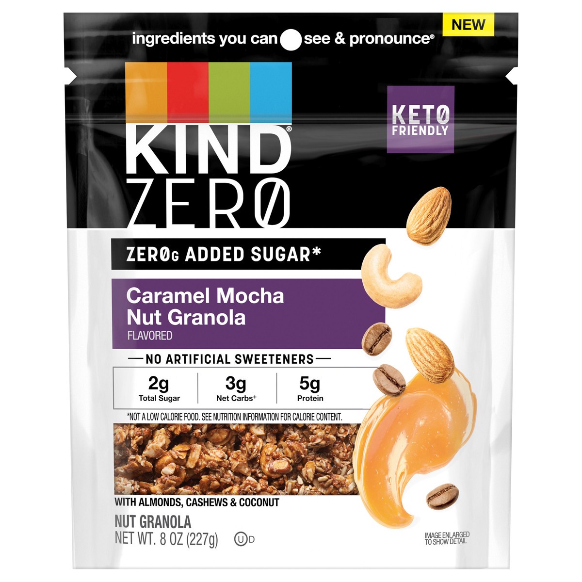 slide 1 of 3, KIND ZEROg Added Sugar Nut Granola, Caramel Mocha Flavored Nut Granola, Keto Friendly Snacks, Gluten Free, 8oz Pouch, 1 Count, 8 oz