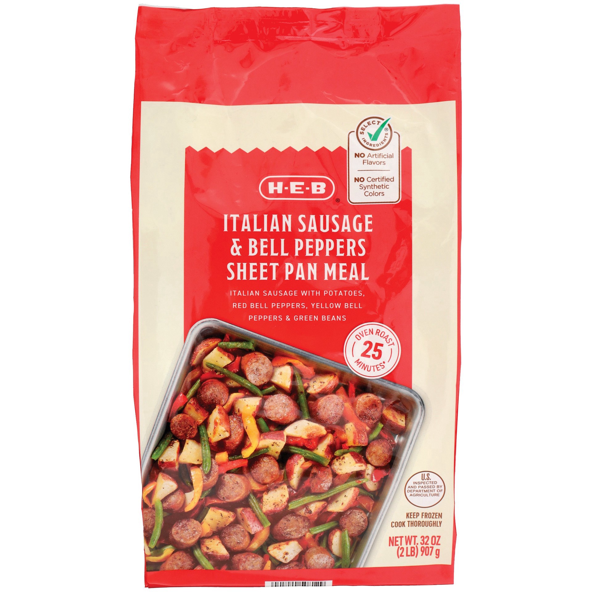 slide 1 of 1, H-E-B Frozen Sheet Pan Meal - Italian Sausage & Peppers, 32 oz