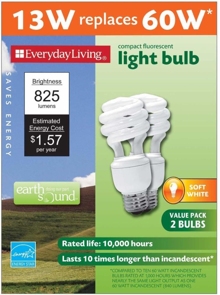 slide 1 of 1, Everyday Living 13-Watt (60-Watt) Spiral Compact Fluorescent Light Bulbs, 2 ct