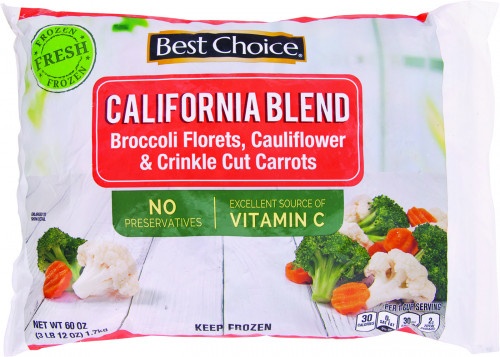 slide 1 of 1, Best Choice California Blend Vegetables Broccoli, Florets, Cauliflower & Crinkle Cut Carrots, 60 oz