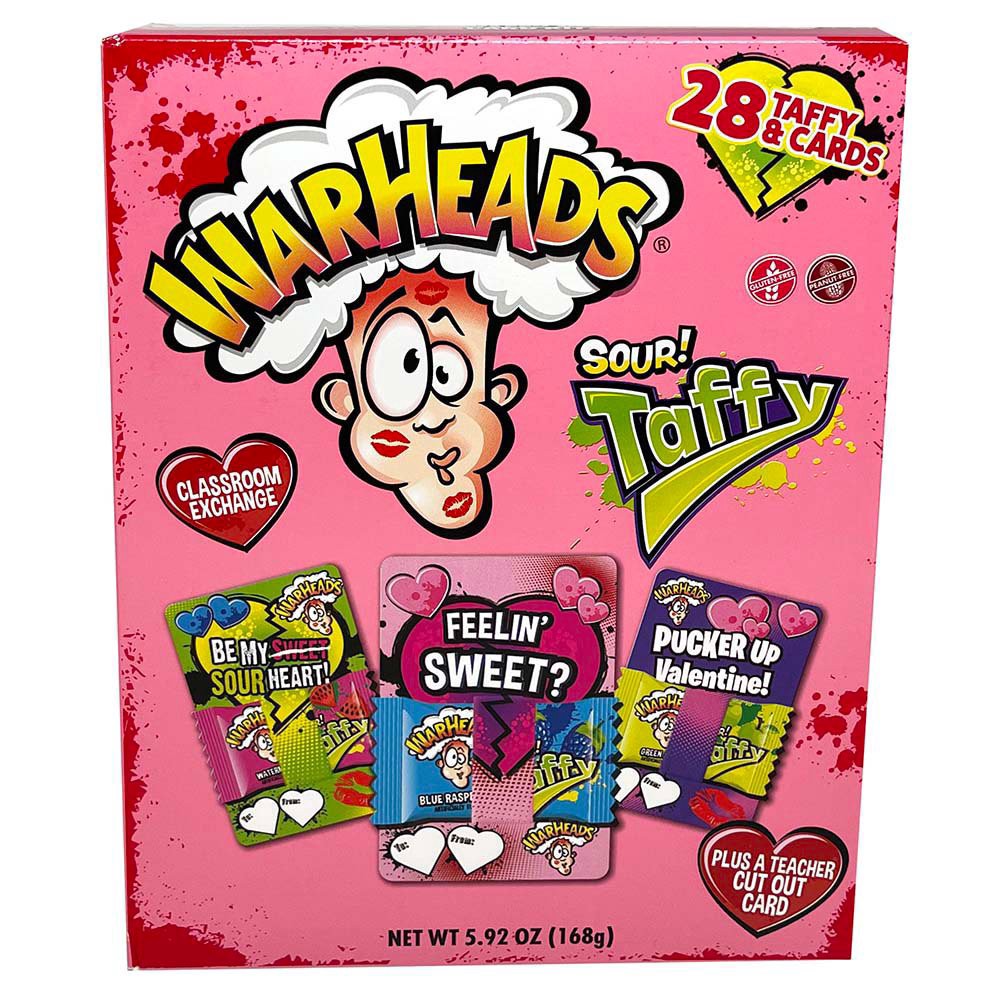 slide 1 of 1, WarHeads Sour! Taffy Valentine Exchange Cards, 28 ct