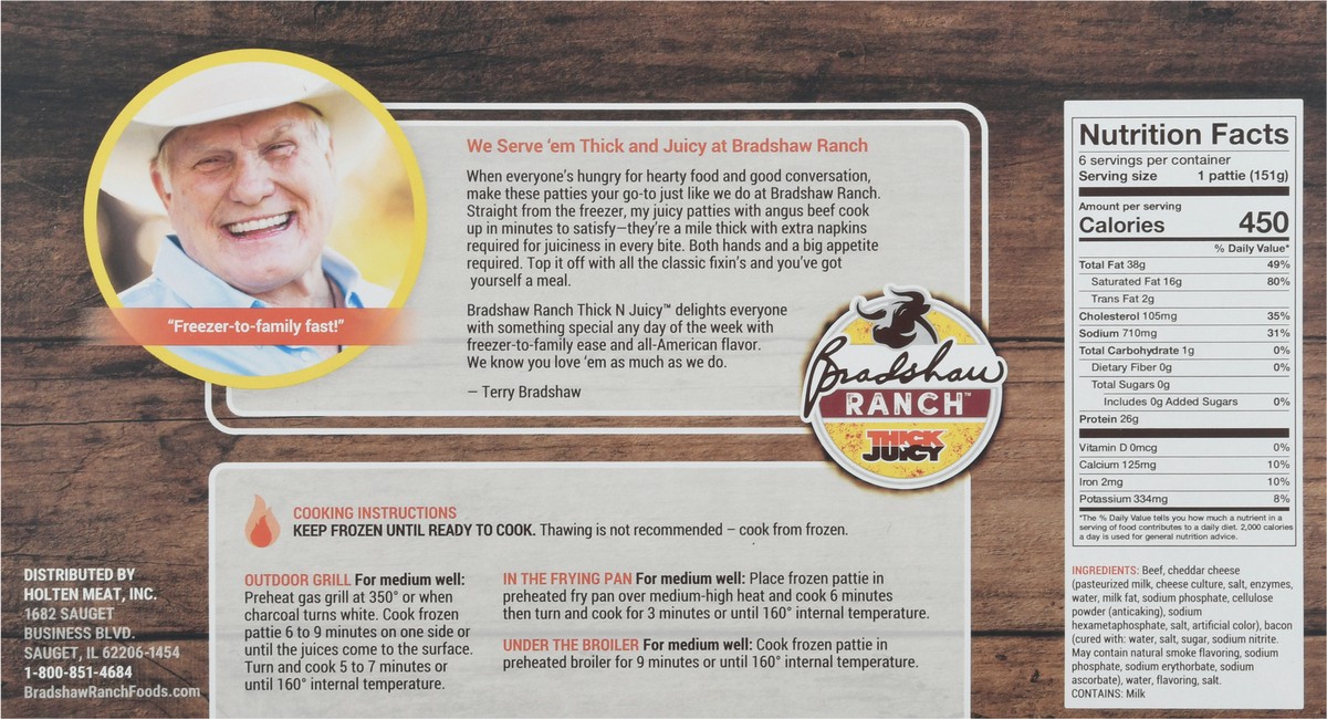 slide 6 of 9, Bradshaw Ranch Thick N Juicy Cheddar & Bacon Beef Patties Packed, Unspecified 6 ea, 6 ct