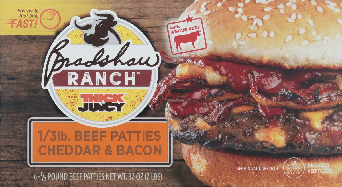 slide 7 of 9, Bradshaw Ranch Thick N Juicy Cheddar & Bacon Beef Patties Packed, Unspecified 6 ea, 6 ct