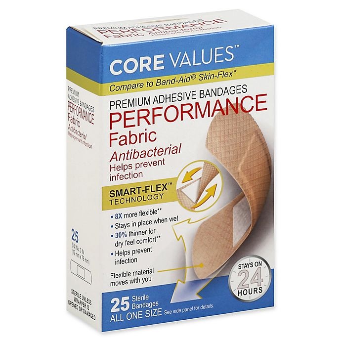 slide 1 of 1, Core Values Premium Adhesive Antibacterial Performance Fabric Bandages, 25 ct