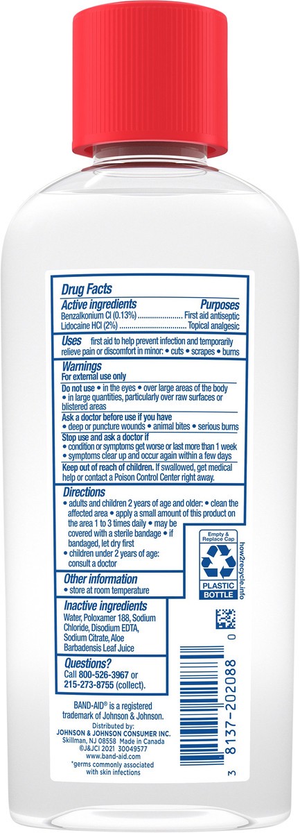slide 5 of 7, BAND-AID Antiseptic Cleansing Liquid, First Aid Antiseptic Wash Relieves Pain & Kills Germs, with Benzalkonium Cl Wound Antiseptic & Lidocaine HCl Topical Analgesic, 6 fl. oz, 6 fl oz