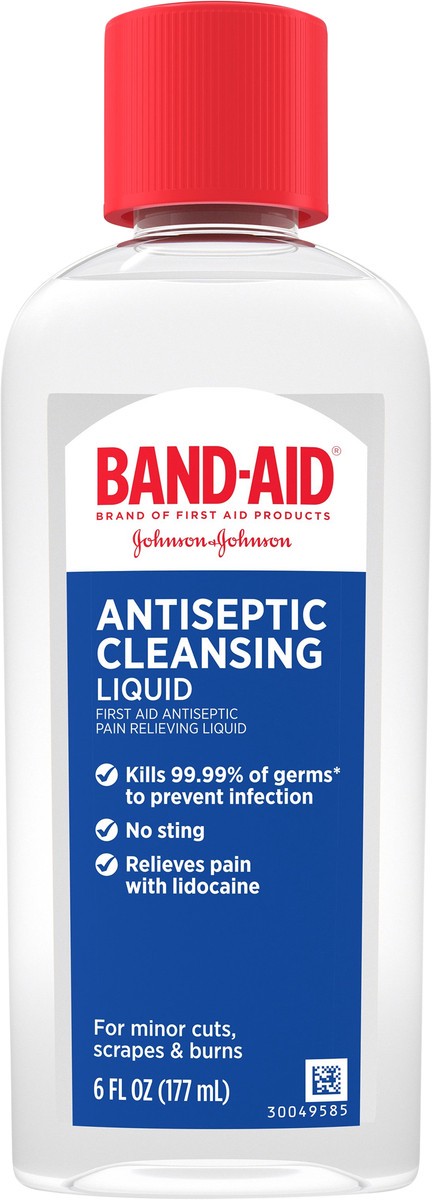 slide 7 of 7, BAND-AID Antiseptic Cleansing Liquid, First Aid Antiseptic Wash Relieves Pain & Kills Germs, with Benzalkonium Cl Wound Antiseptic & Lidocaine HCl Topical Analgesic, 6 fl. oz, 6 fl oz
