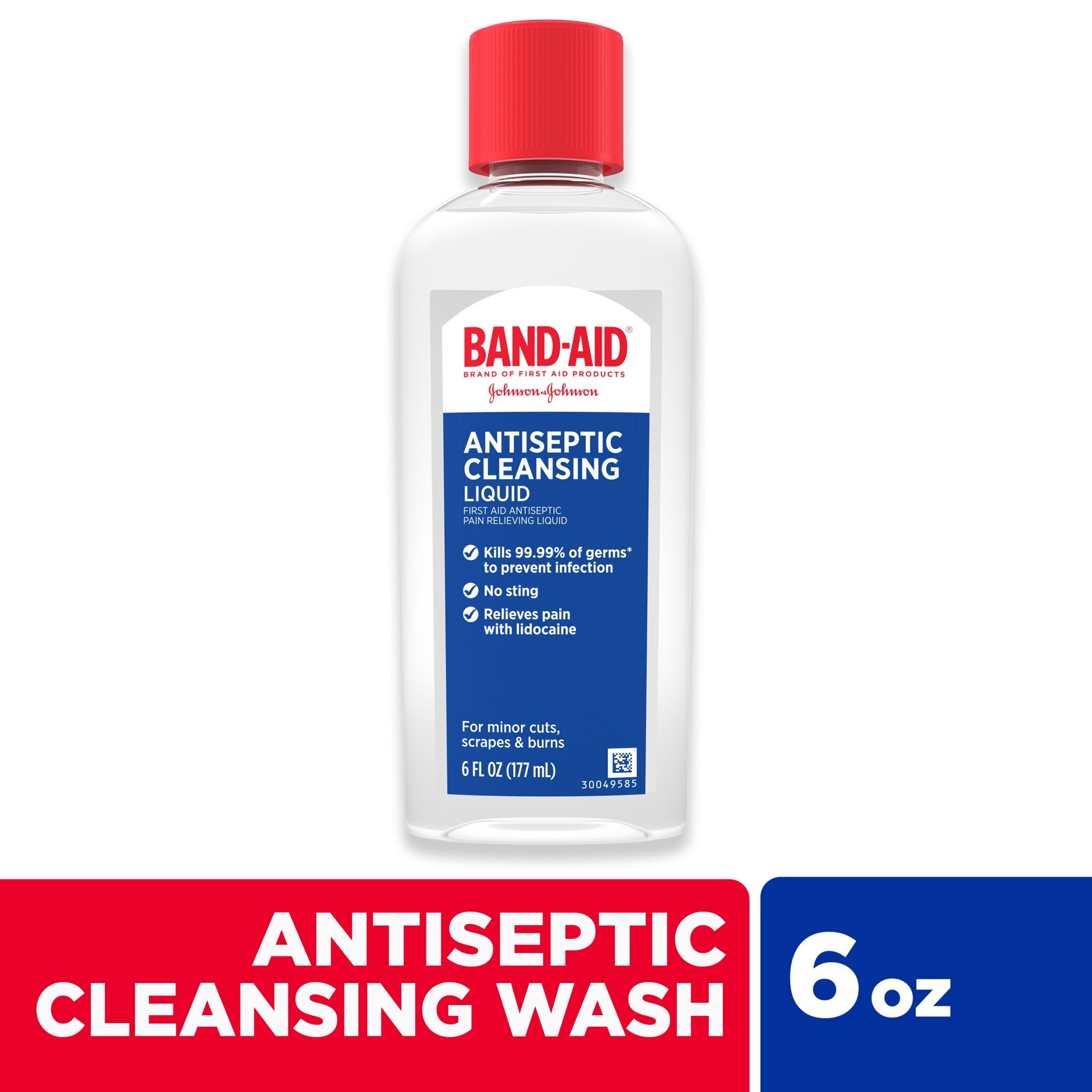 slide 1 of 7, BAND-AID Antiseptic Cleansing Liquid, First Aid Antiseptic Wash Relieves Pain & Kills Germs, with Benzalkonium Cl Wound Antiseptic & Lidocaine HCl Topical Analgesic, 6 fl. oz, 6 fl oz