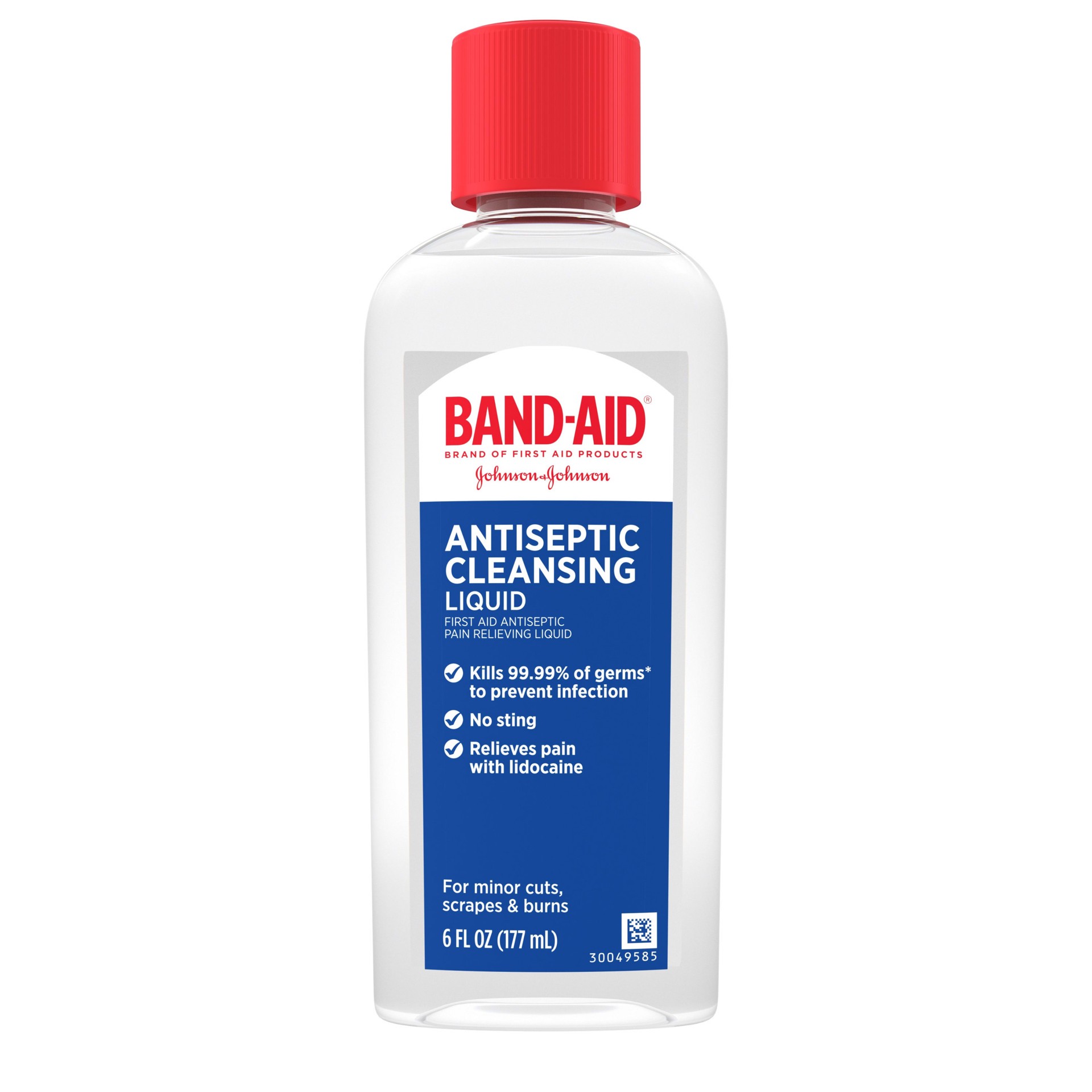 slide 1 of 7, BAND-AID Antiseptic Cleansing Liquid, First Aid Antiseptic Wash Relieves Pain & Kills Germs, with Benzalkonium Cl Wound Antiseptic & Lidocaine HCl Topical Analgesic, 6 fl. oz, 6 fl oz