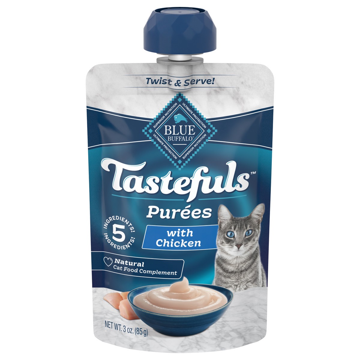 slide 2 of 4, Blue Buffalo Tastefuls Adult Cat Natural Purées, Chicken 3-oz Resealable Twist Cap Pouch, 3 oz