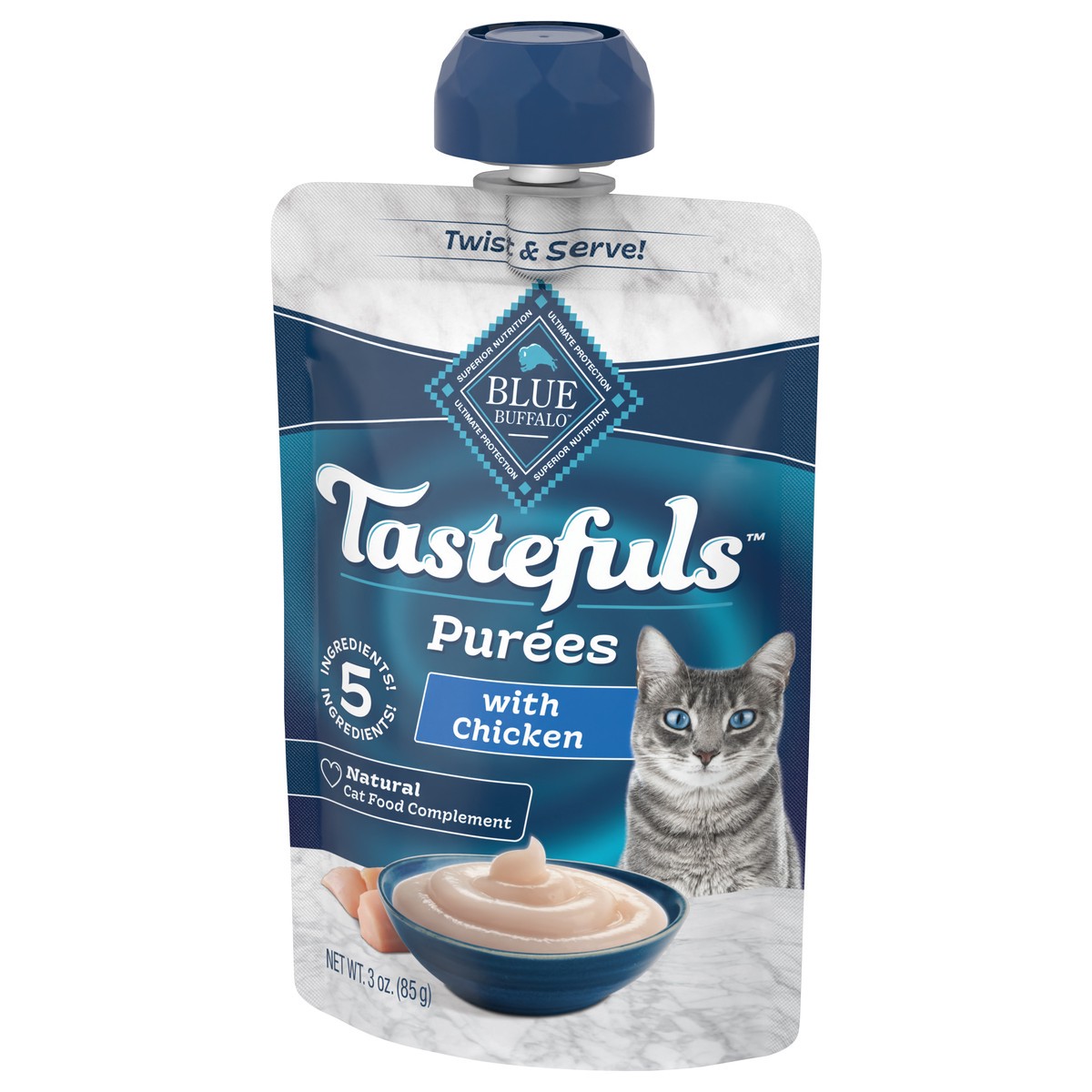slide 3 of 4, Blue Buffalo Tastefuls Adult Cat Natural Purées, Chicken 3-oz Resealable Twist Cap Pouch, 3 oz