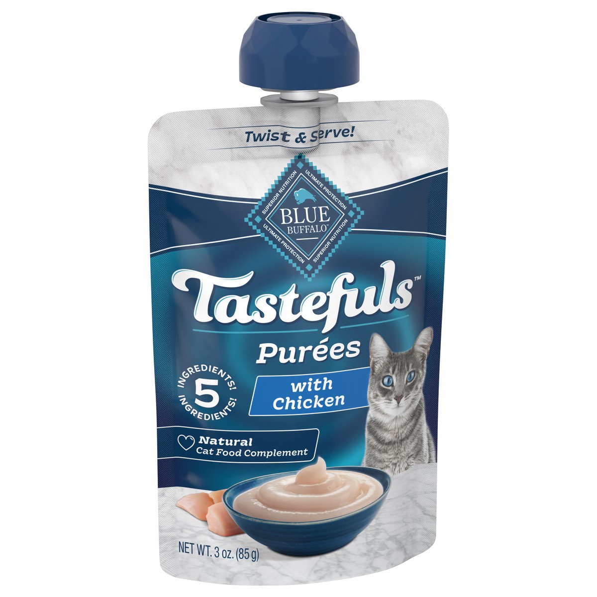 slide 4 of 4, Blue Buffalo Tastefuls Adult Cat Natural Purées, Chicken 3-oz Resealable Twist Cap Pouch, 3 oz