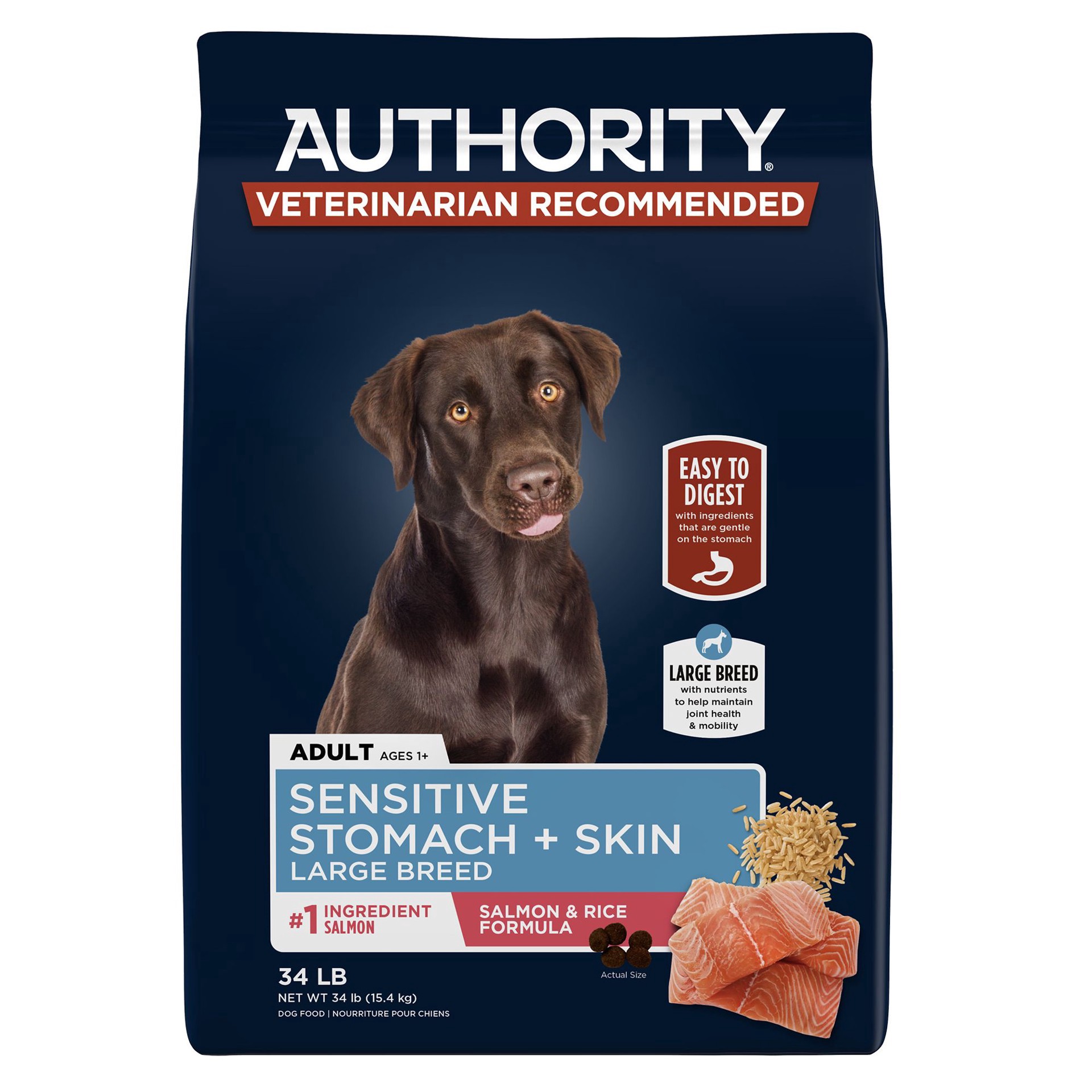 slide 1 of 1, Authority Sensitive Stomach & Skin Large Breed All Life Stage Dry Dog Food - Salmon, 34 lb