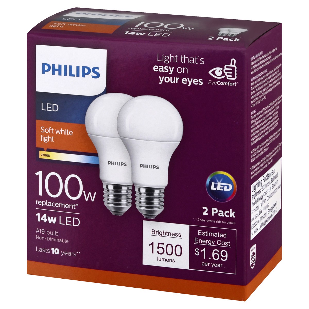 slide 3 of 9, Philips 14-Watt (100-Watt) A19 Led Light Bulbs, 2 ct