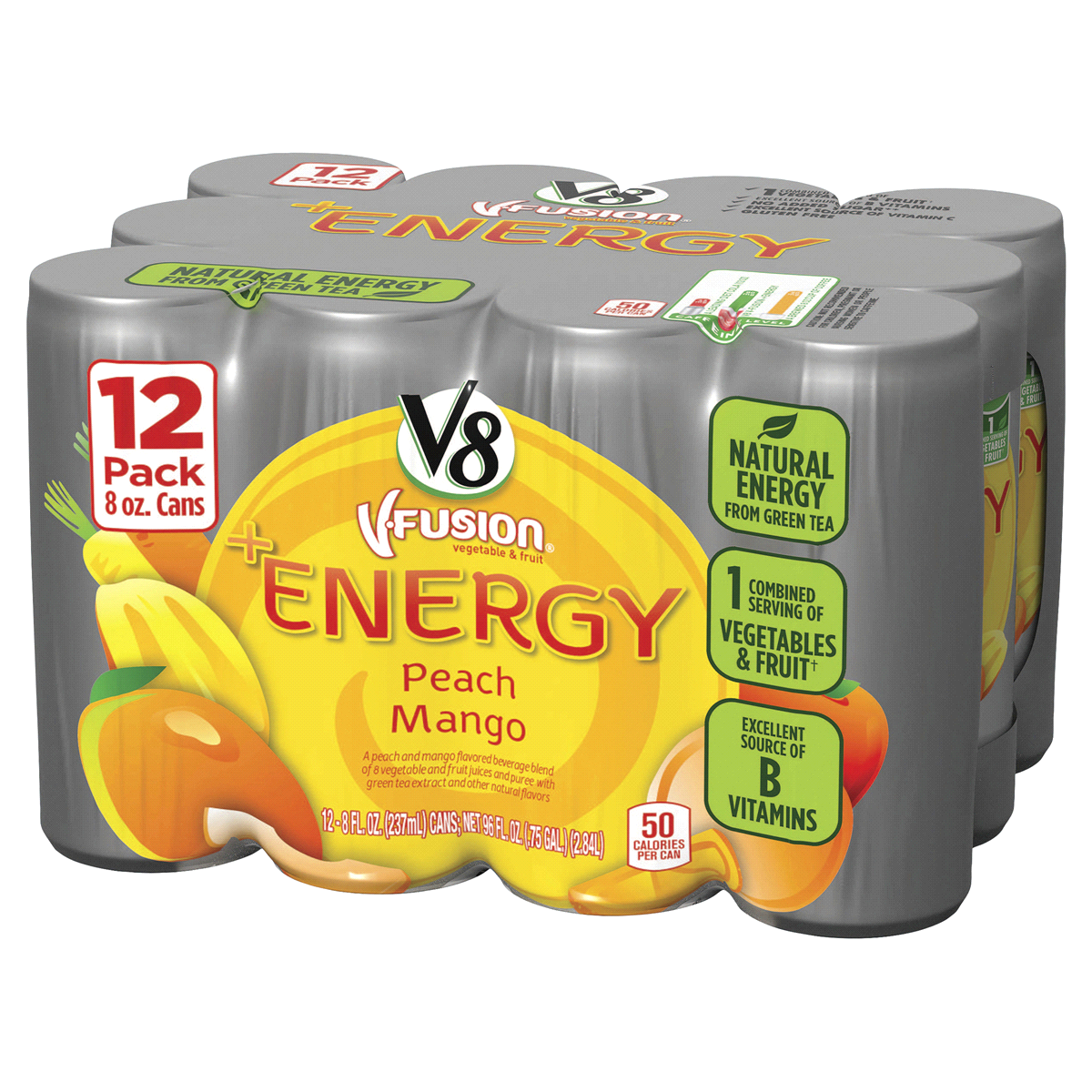 slide 2 of 3, V8 +Energy Peach Mango Juice Energy Drink, 8 fl oz Can (12 Pack), 96 oz
