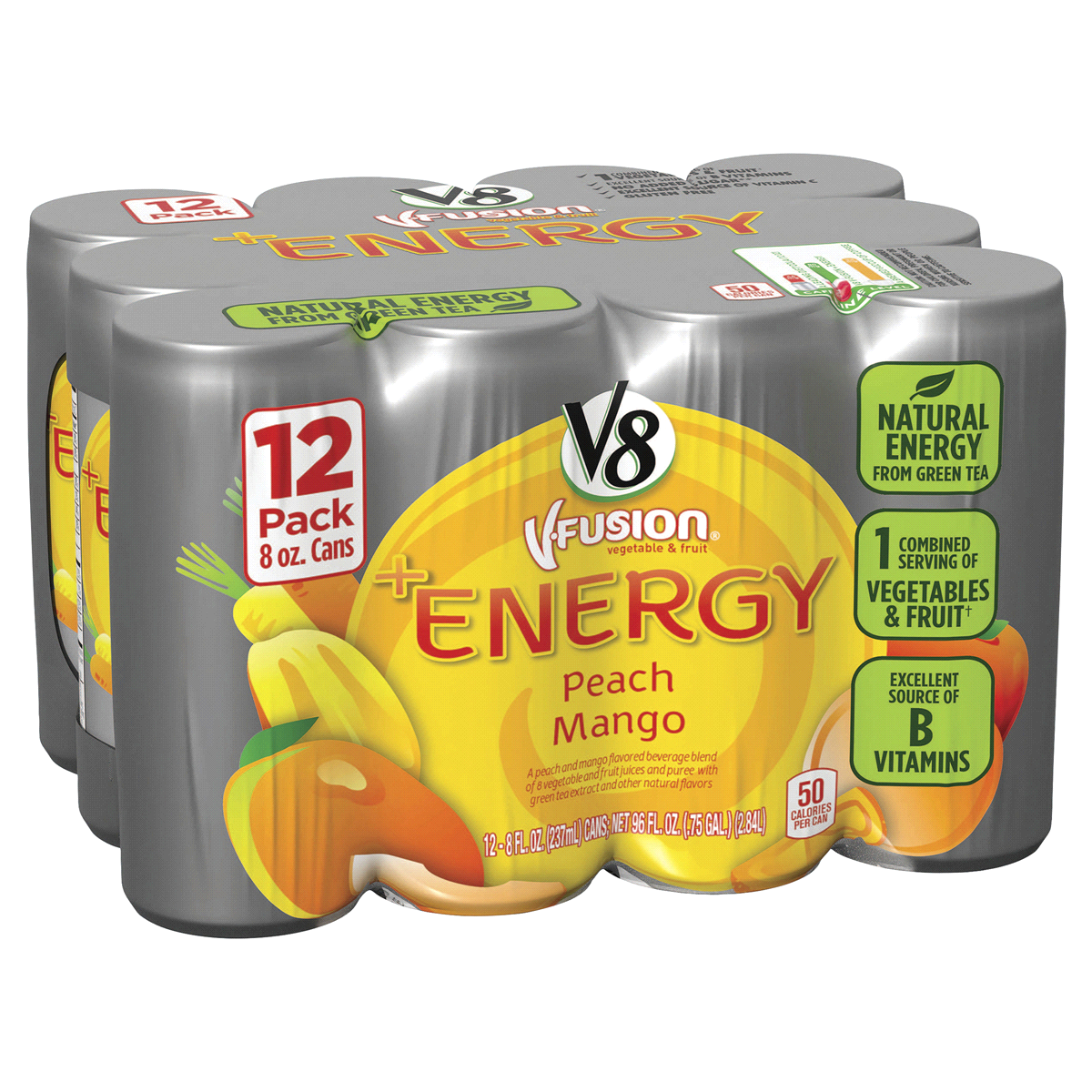 slide 3 of 3, V8 +Energy Peach Mango Juice Energy Drink, 8 fl oz Can (12 Pack), 96 oz