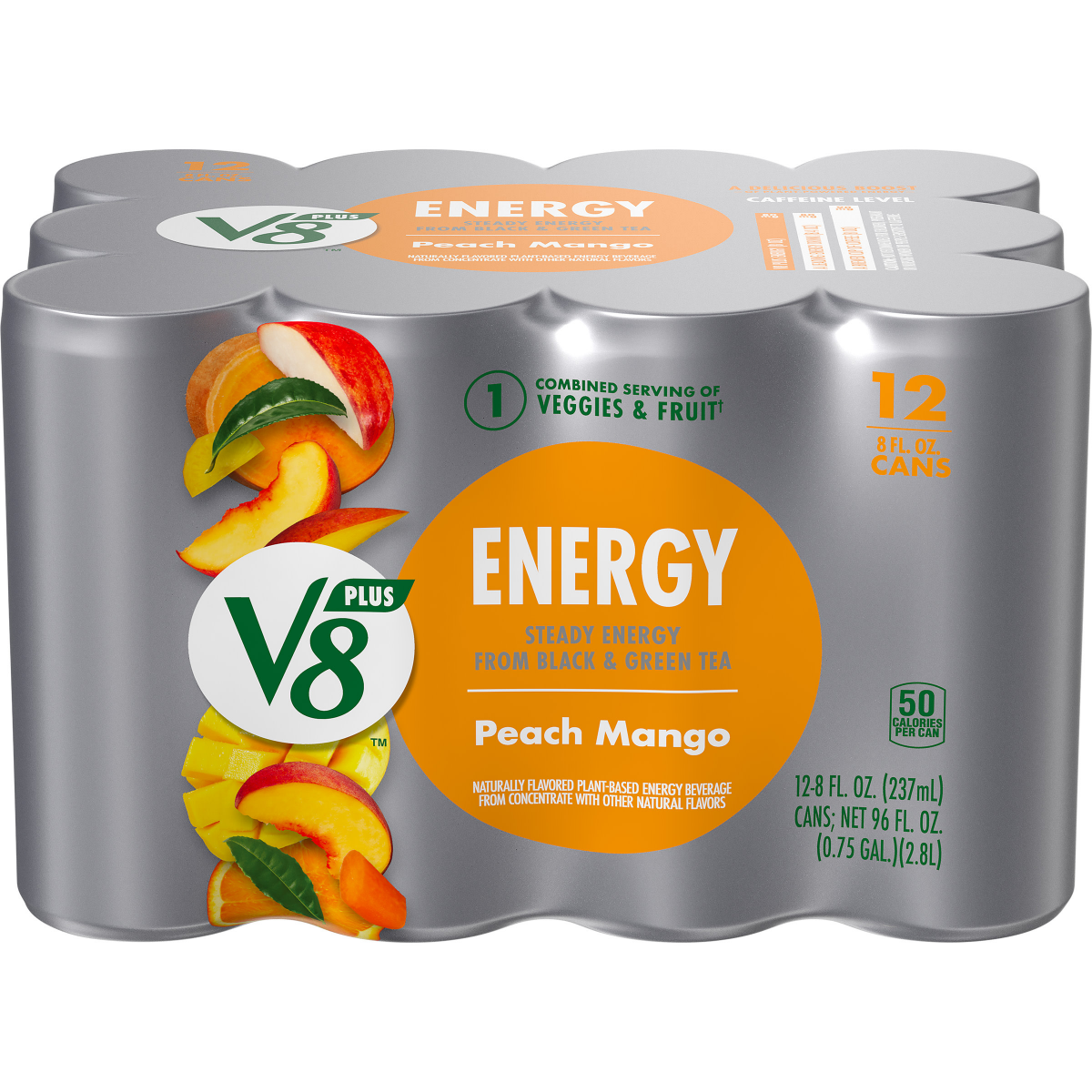 slide 1 of 3, V8 +Energy Peach Mango Juice Energy Drink, 8 fl oz Can (12 Pack), 96 oz