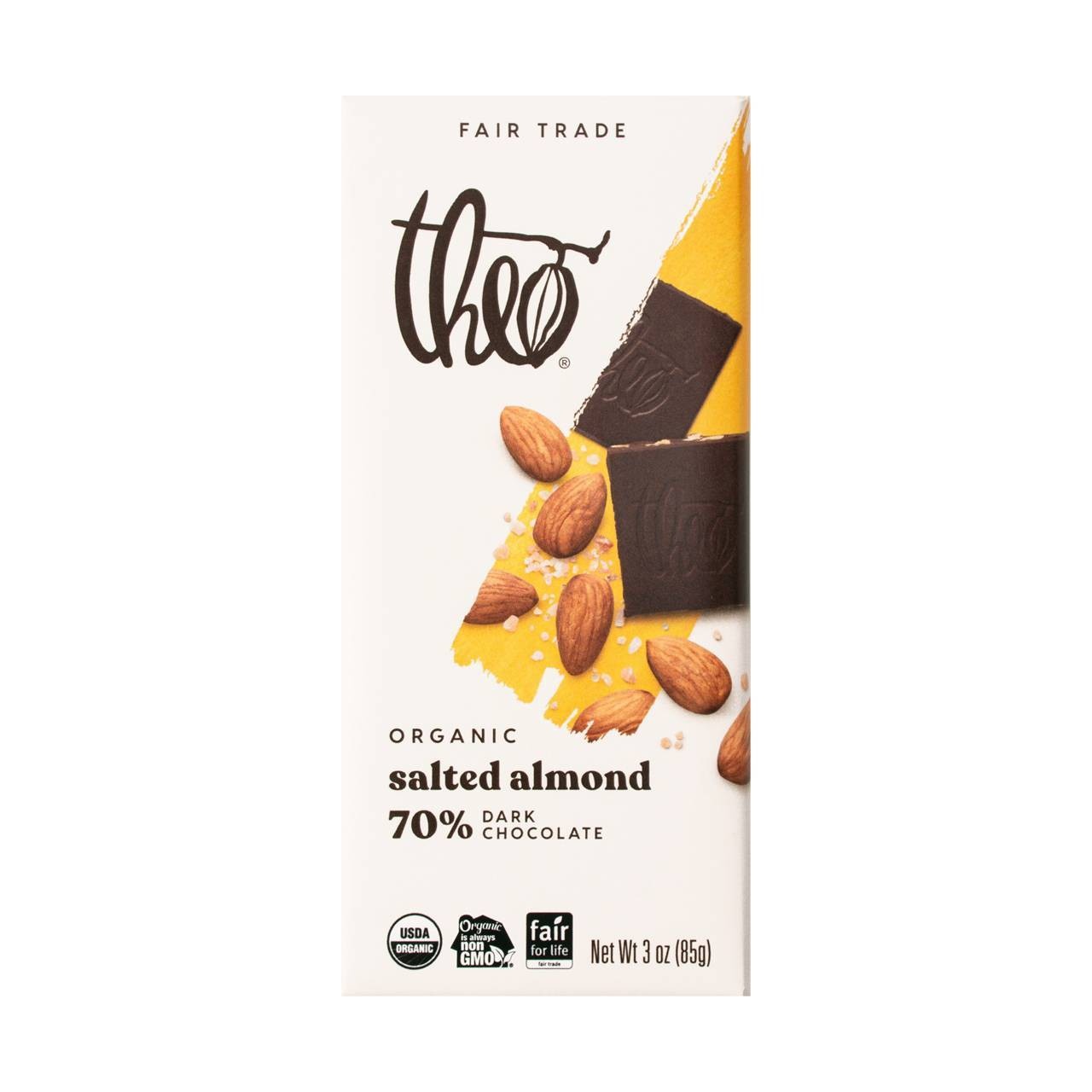slide 1 of 2, Theo Salted Almond Dark Chocolate, 3 oz