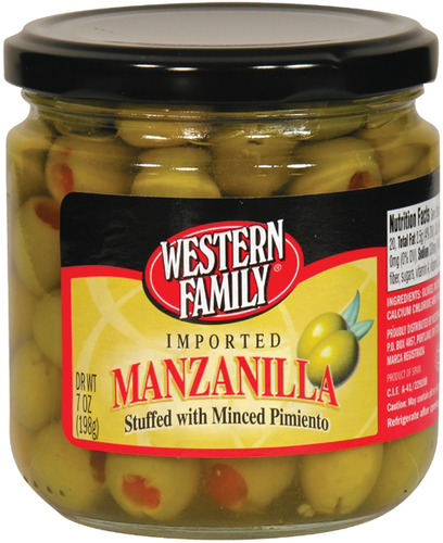 slide 1 of 1, Western Family Olives Stuffed Manzanilla, 7 oz