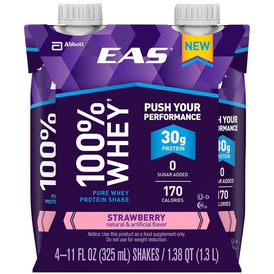 slide 1 of 1, EAS 100% Whey Strawberry Pure Whey Protein Shakes, 4 ct; 11 fl oz