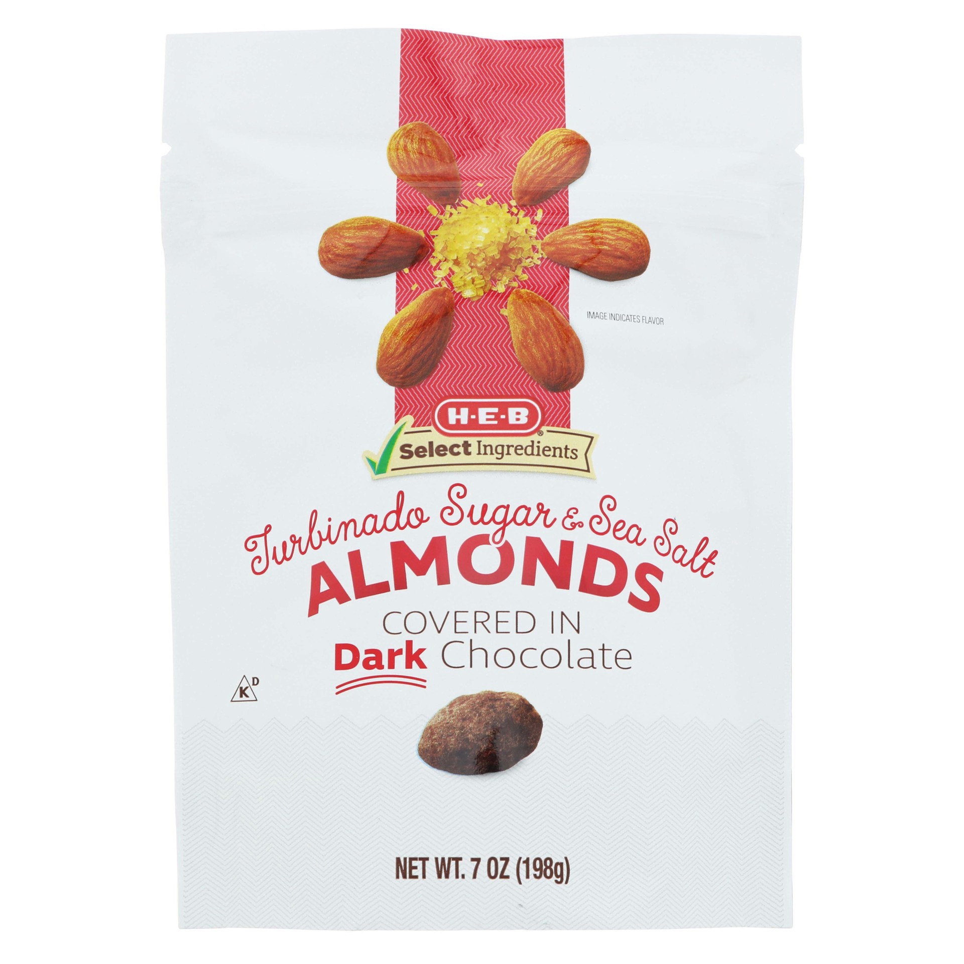 slide 1 of 1, H-E-B Select Ingredients Dark Chocolate Turbinado Sea Salt Almonds, 7 oz