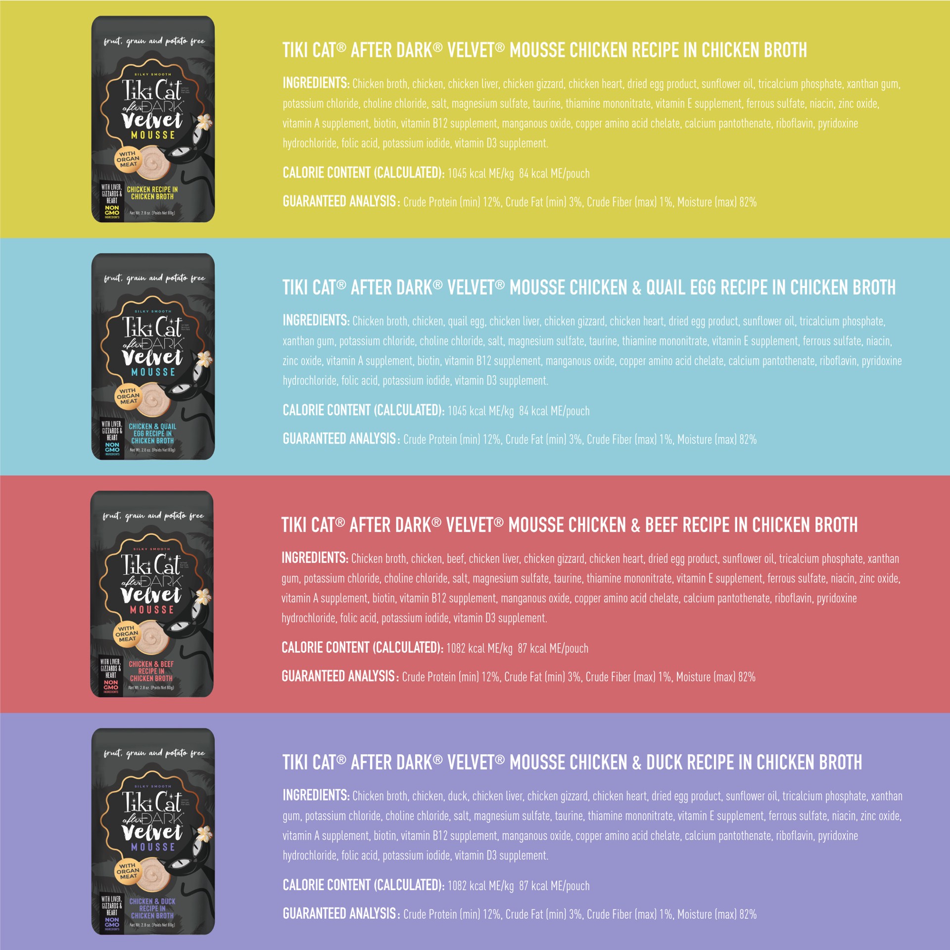 slide 7 of 8, Tiki Cat After Dark Velvet Mousse Wet Cat Food, Variety Pack, 2.8 oz. Pouch (12 Count), 33.6 oz