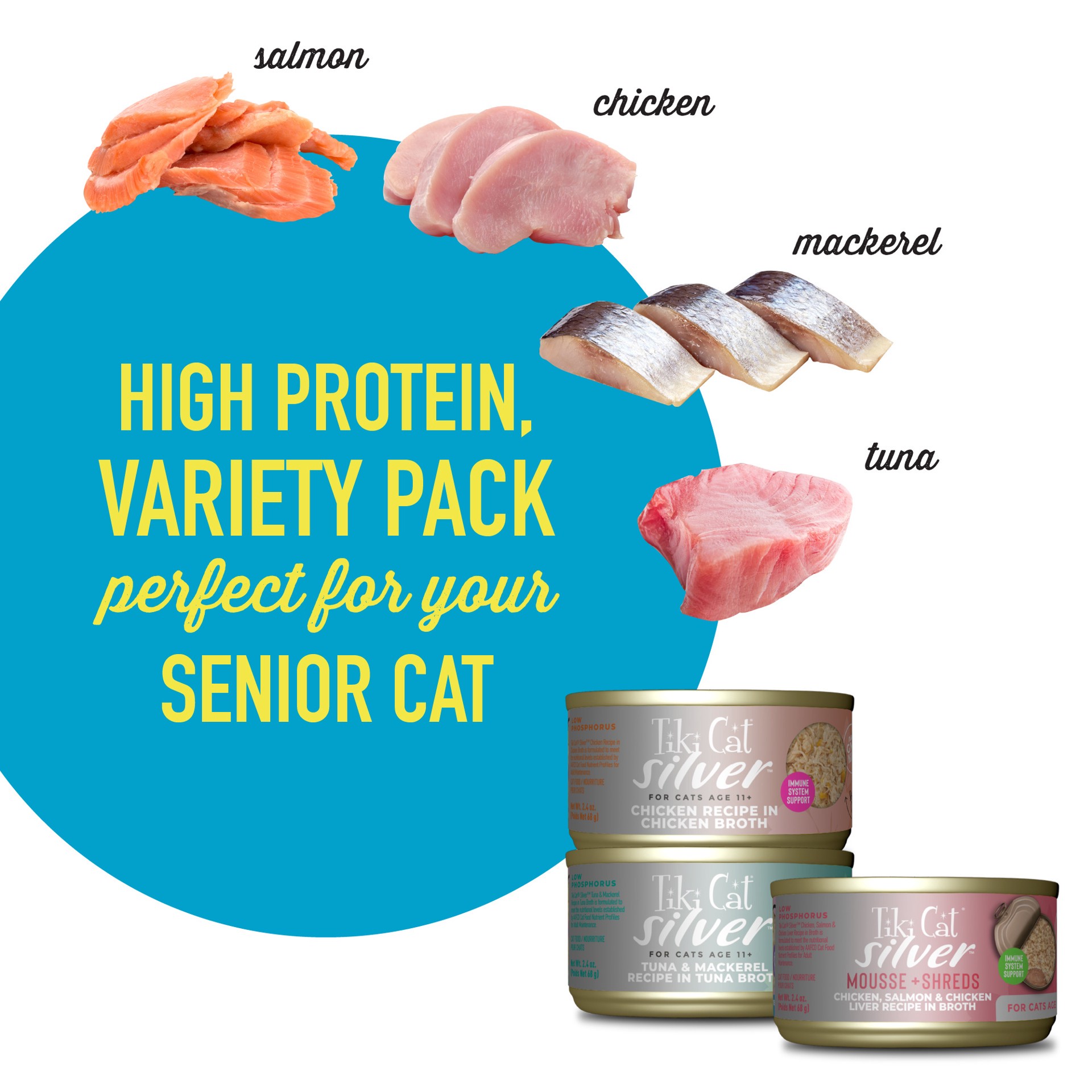 slide 6 of 7, Tiki Cat Silver Wet Cat Food for Seniors, Variety Pack, 2.4 oz. Can (12 Count), 28.8 oz