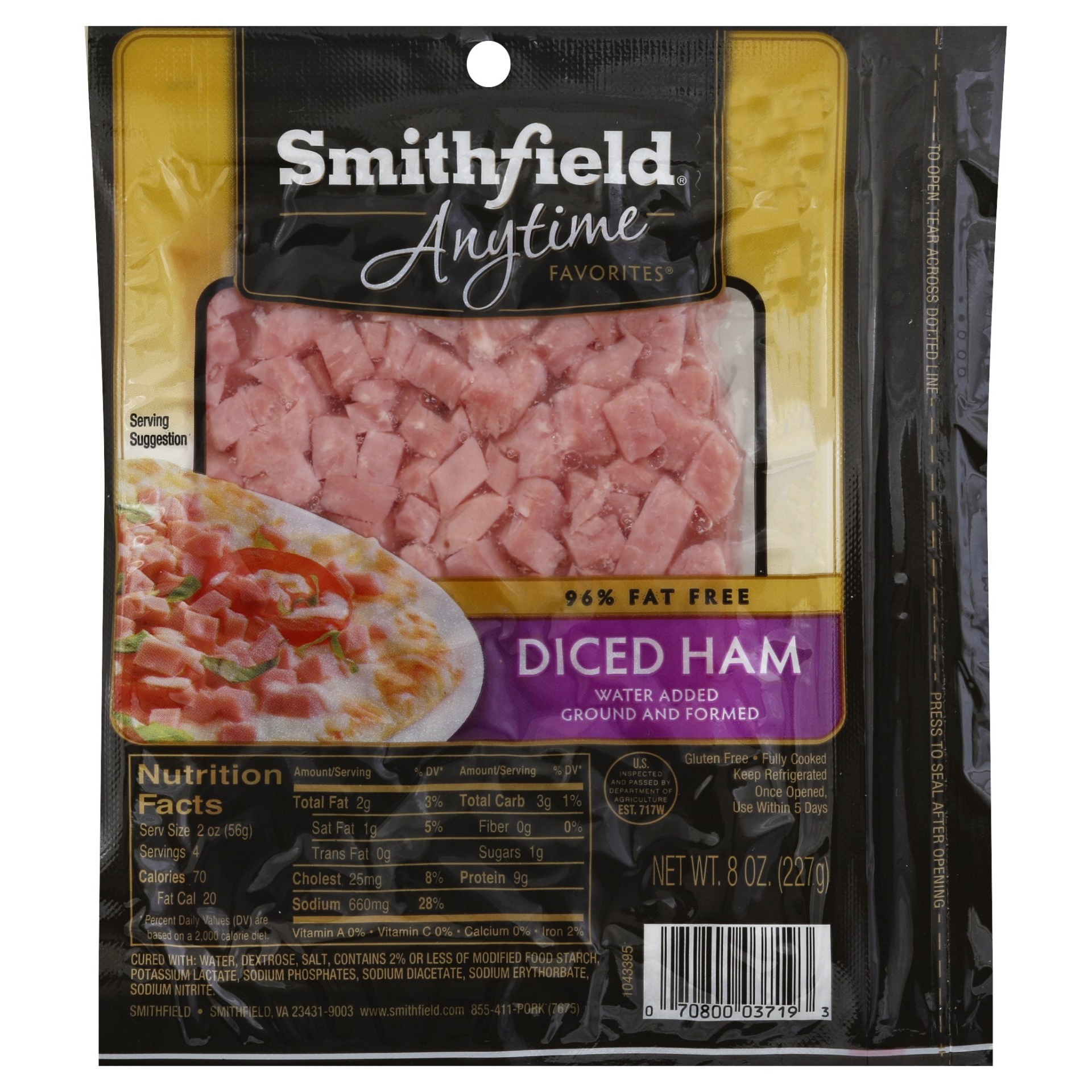 slide 1 of 3, Smithfield Anytime Favorites 95% Fat Free Water Added Diced Ham, 8 oz