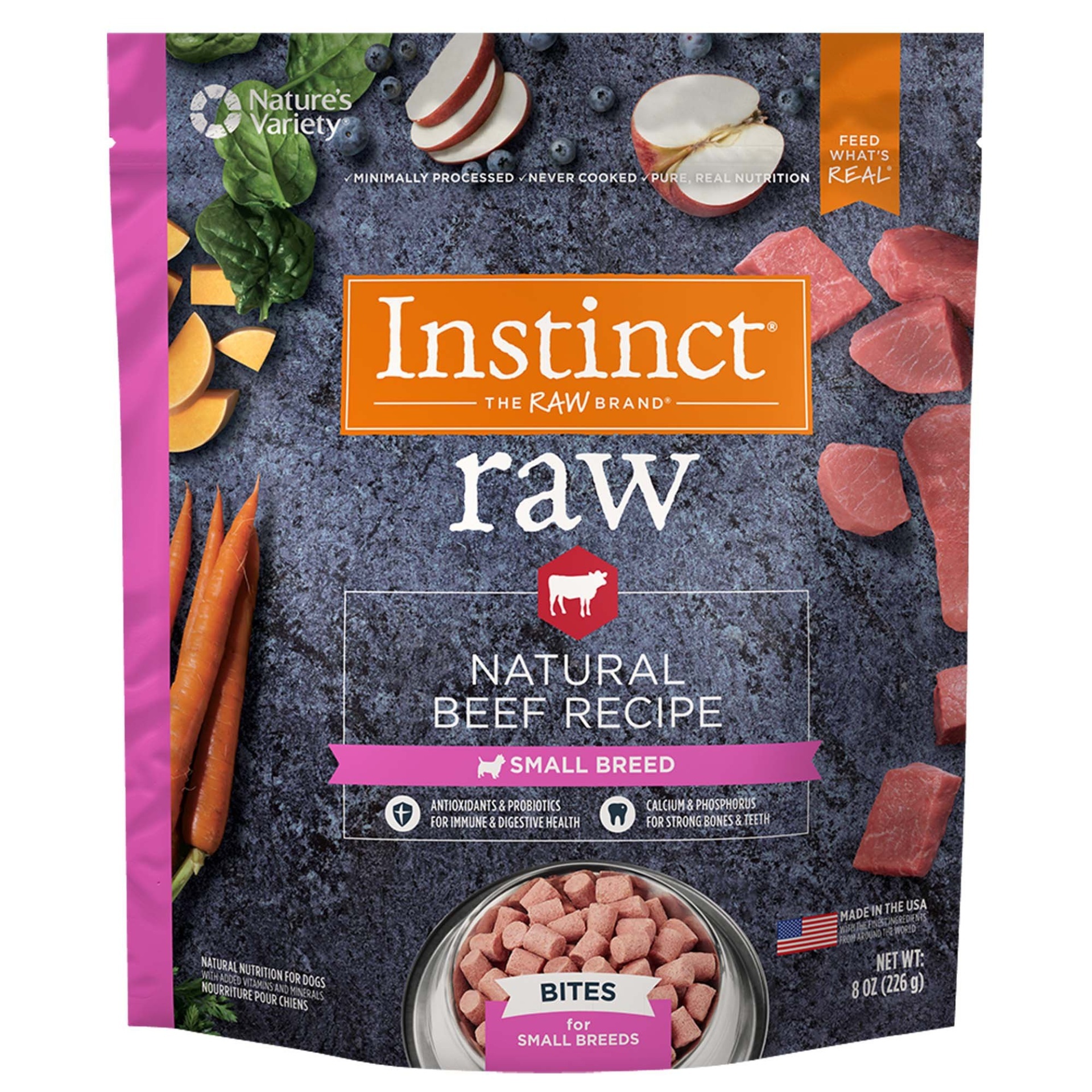 slide 1 of 1, Nature's Variety Instinct Frozen Raw Bites Small Breed Grain-Free Natural Beef Recipe Dog Food, 8 oz