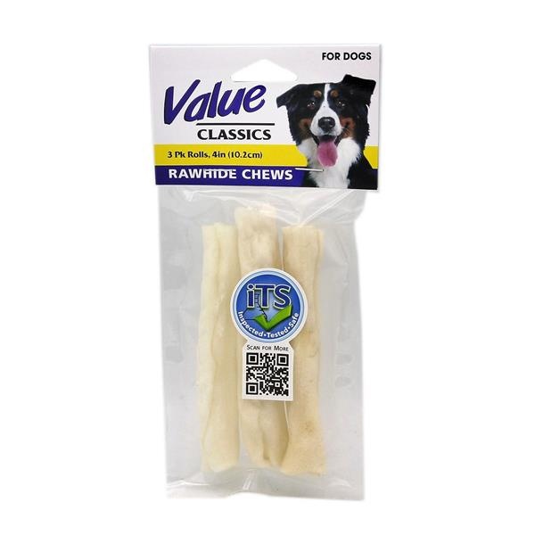 slide 1 of 1, Value Classics Rawhide Chews 4'' White Rolls, 3 ct