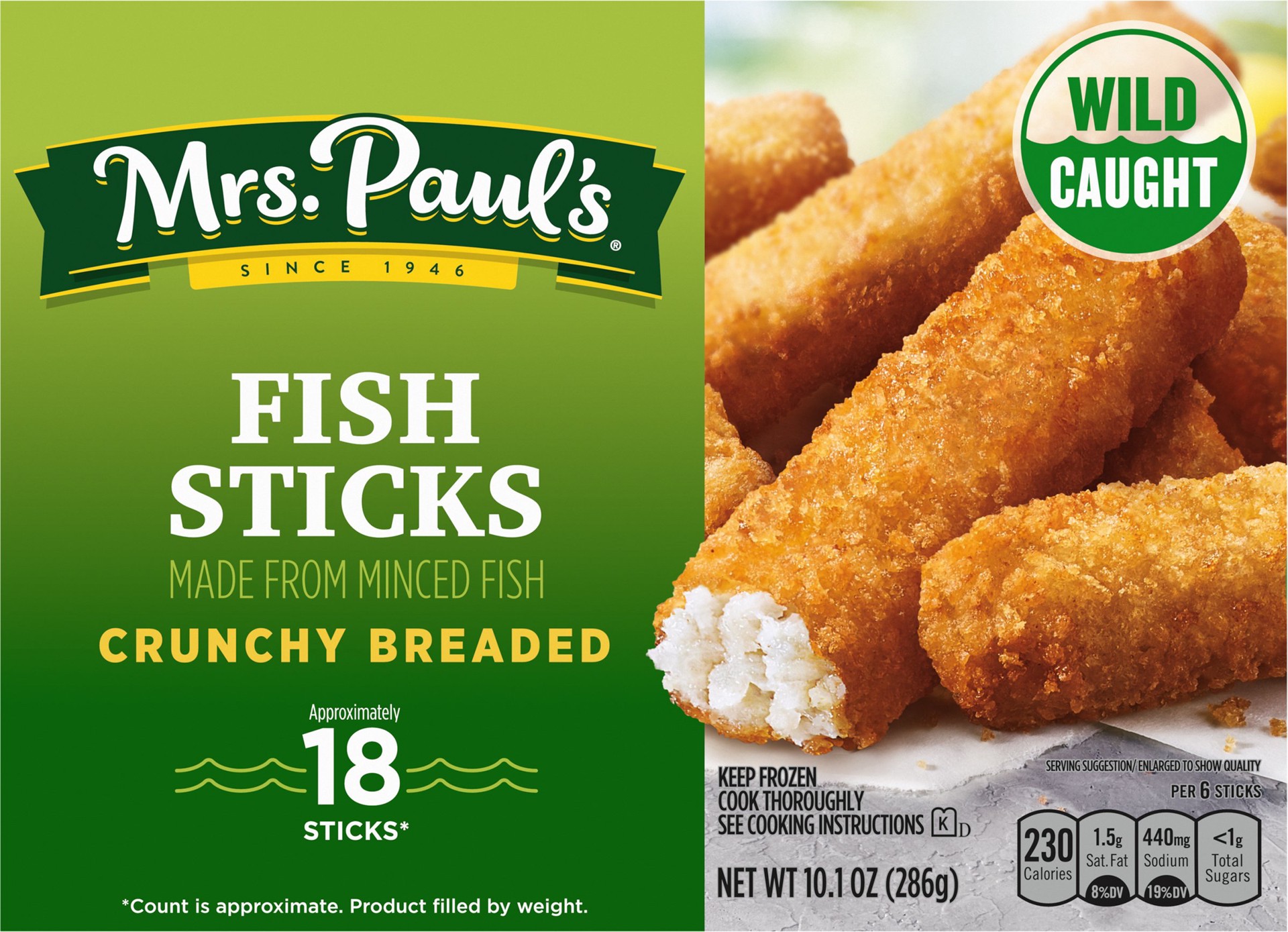 slide 1 of 14, Mrs. Paul's Crunchy Breaded Fish Sticks, approx. 18 Sticks, 10.1 oz, 10.1 oz