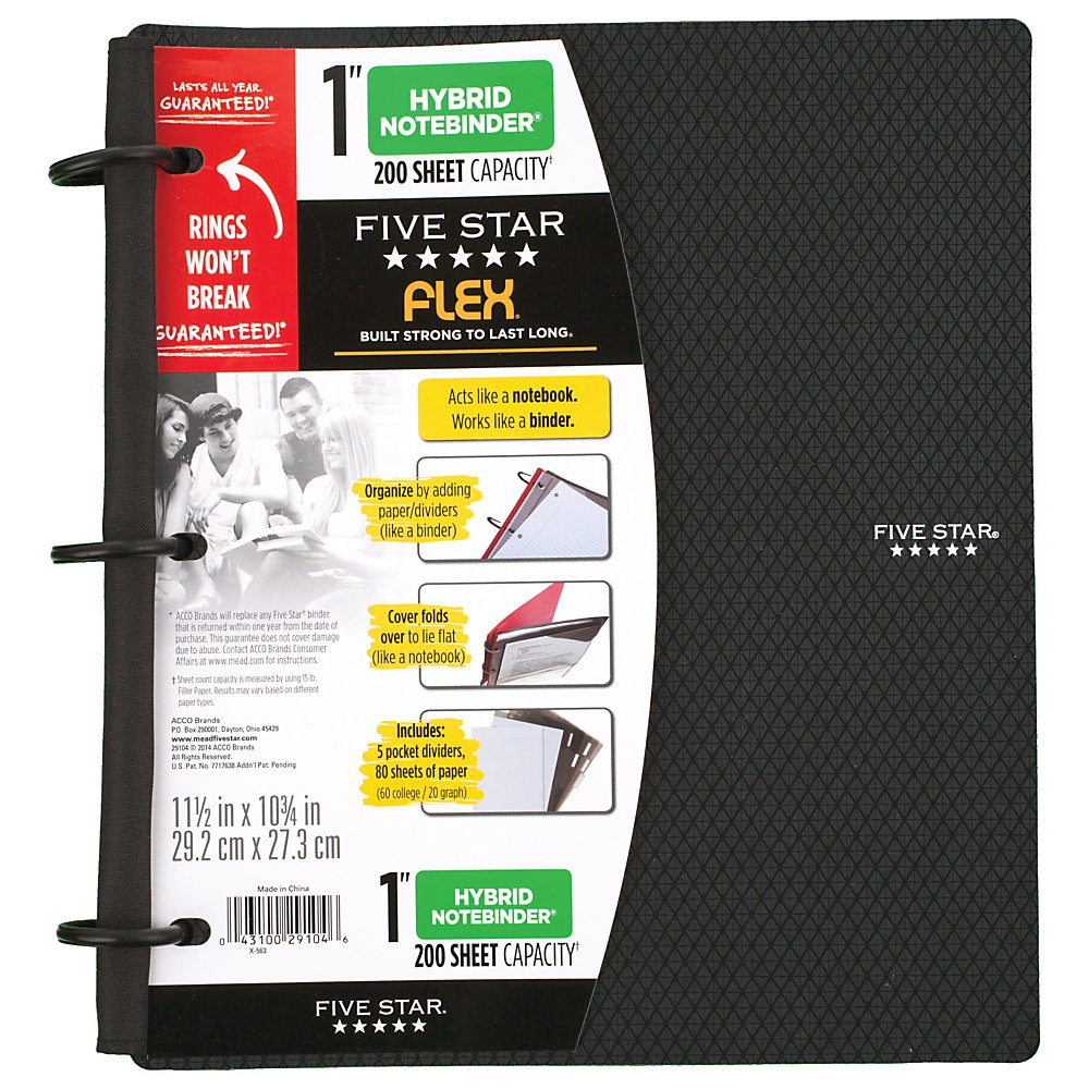 slide 1 of 5, Five Star Flex Hybrid Notebinder With Customizable Cover, 1'' Rings, Black, 1 ct