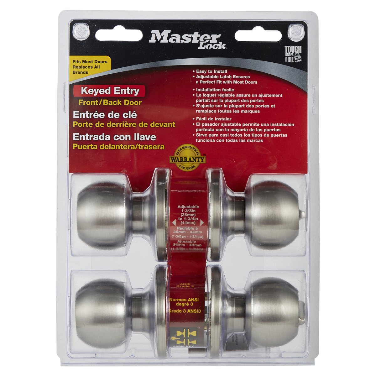 slide 1 of 1, Master Lock Satin Nickel Ball Keyed Entry Door Knob BAO0115T, 2 ct