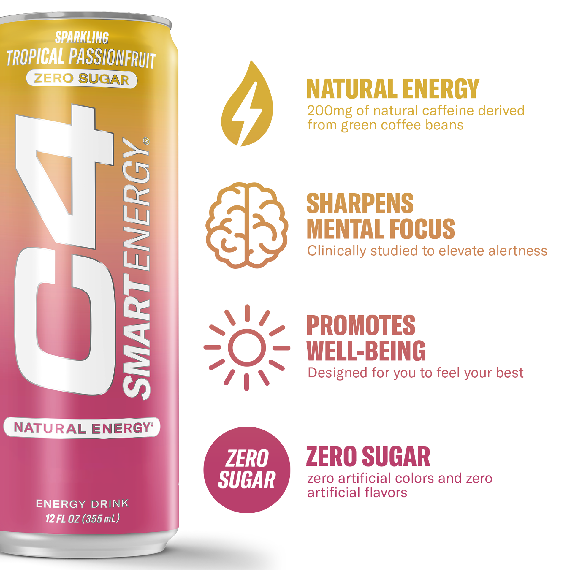 slide 2 of 3, C4 Energy, C4 Smart Energy, Carbonated, Tropical Passionfruit, 12 oz