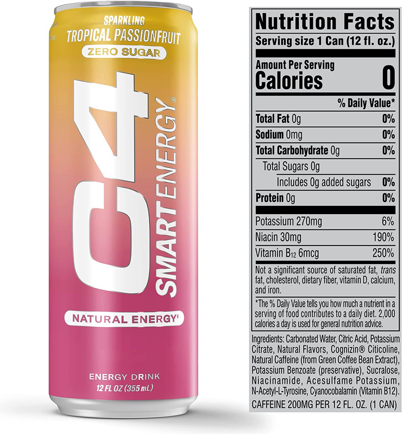 slide 3 of 3, C4 Energy, C4 Smart Energy, Carbonated, Tropical Passionfruit, 12 oz