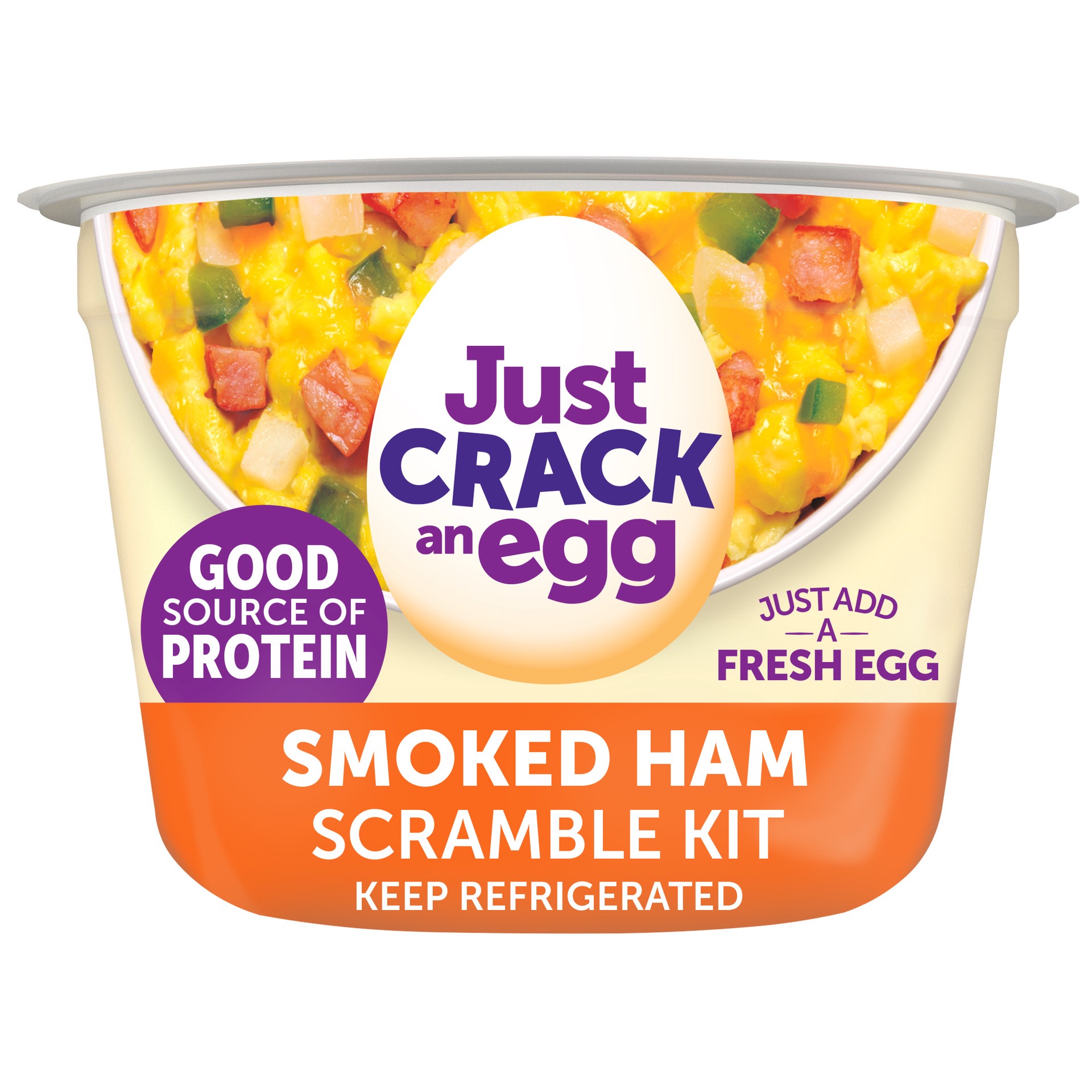 slide 1 of 9, Just Crack an Egg Scramble Kit Applewood Ham, Cheddar Cheese, Potatoes Green Peppers Onions, for a Low Carb Lifestyle, 3 oz Cup, 3 oz