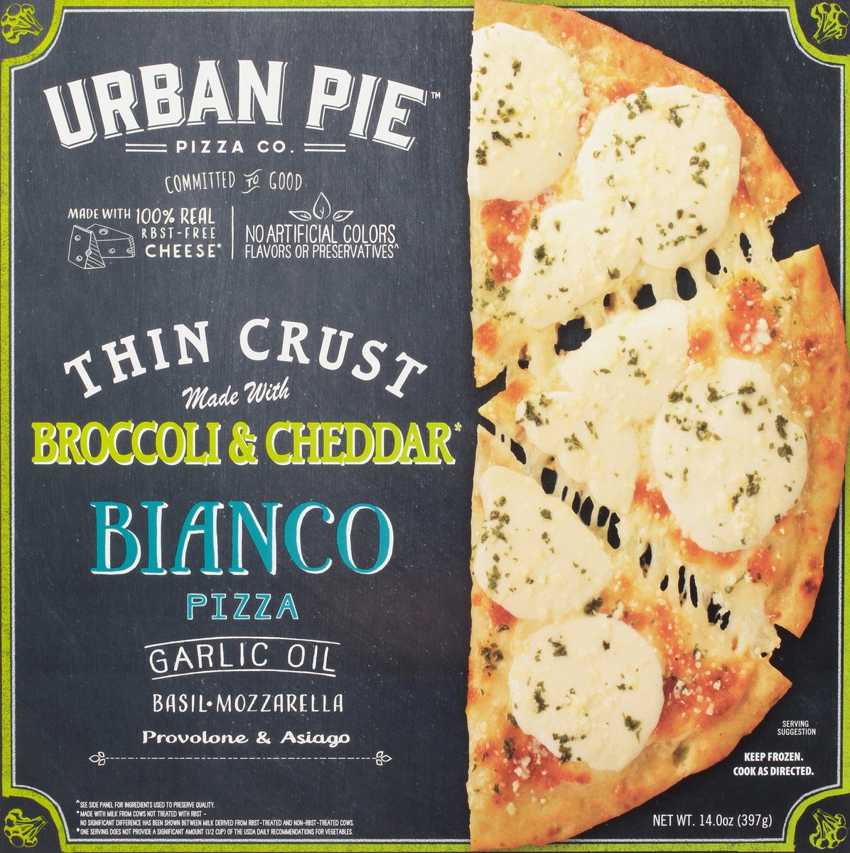 slide 3 of 13, Urban Pie Pizza Co. Thin Crust Made With Broccoli & Cheddar Bianco Pizza 14.0 oz, 14 oz