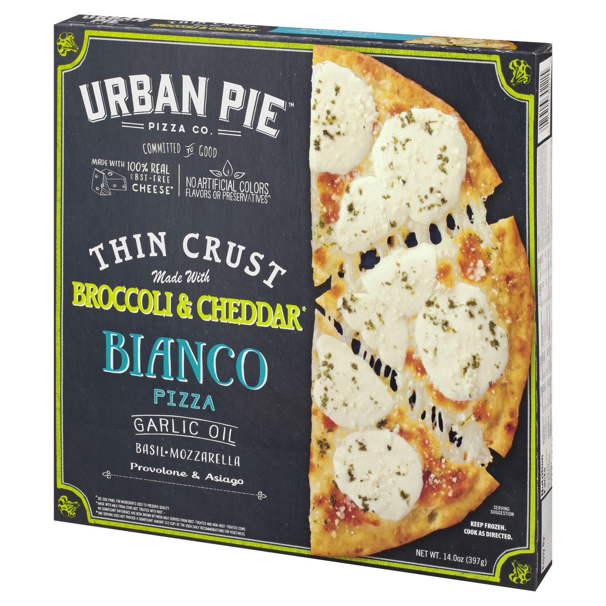 slide 4 of 13, Urban Pie Pizza Co. Thin Crust Made With Broccoli & Cheddar Bianco Pizza 14.0 oz, 14 oz