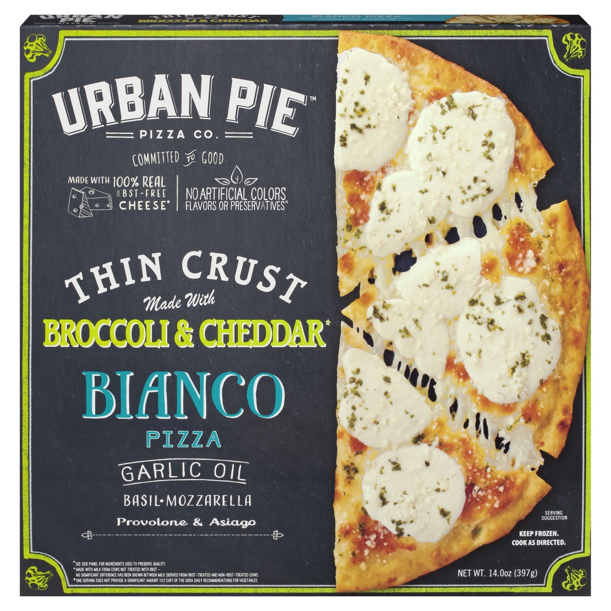 slide 1 of 13, Urban Pie Pizza Co. Thin Crust Made With Broccoli & Cheddar Bianco Pizza 14.0 oz, 14 oz