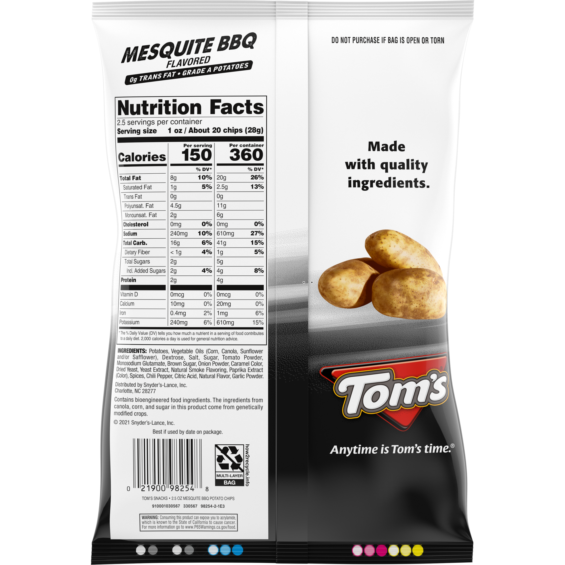 slide 4 of 5, Tom's Ridges Potato Chips, Mesquite BBQ, 2.5 Oz Snack Bag, 2.5 oz