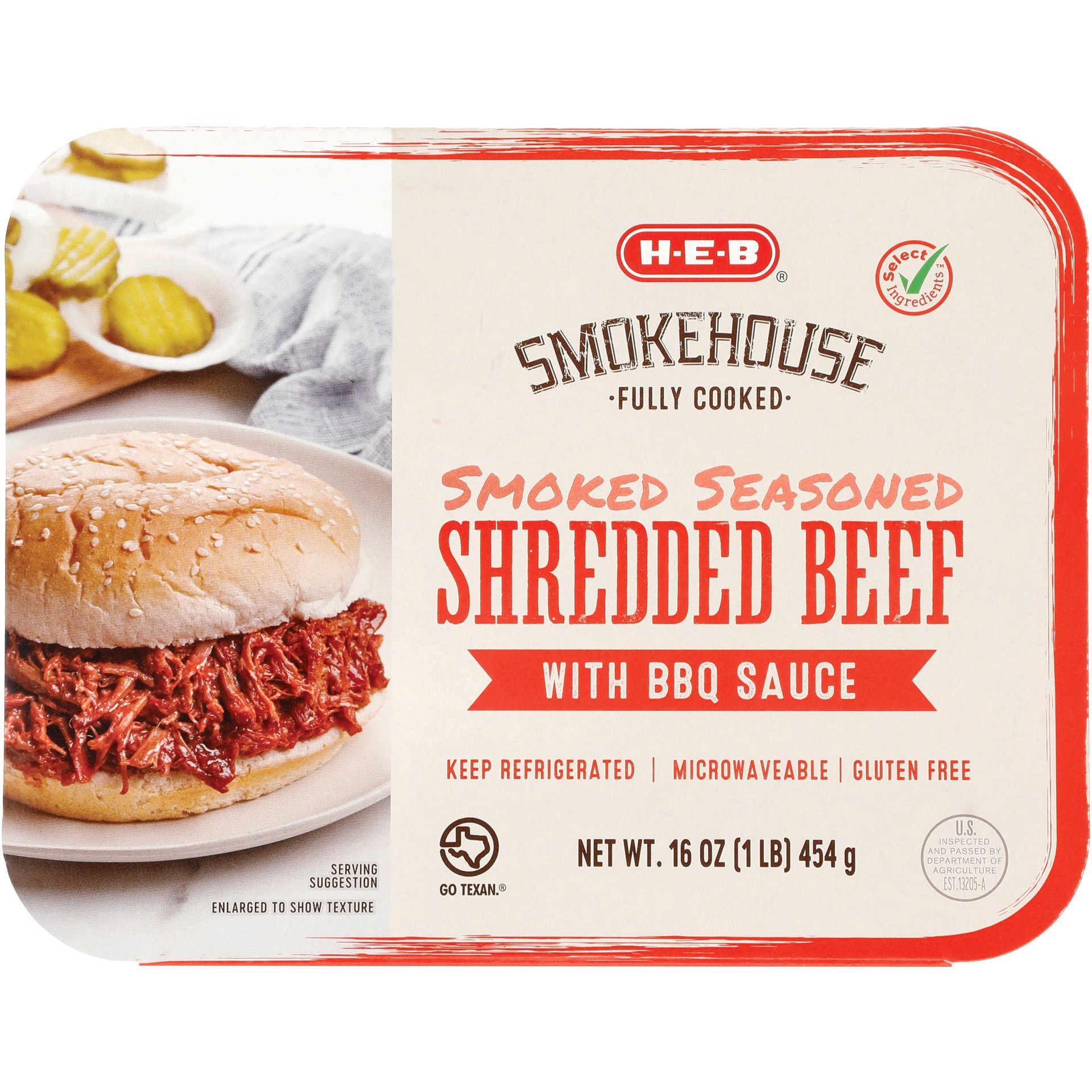 slide 1 of 1, H-E-B Fully Cooked Smoked Seasoned Shredded Beef with BBQ Sauce, 16 oz