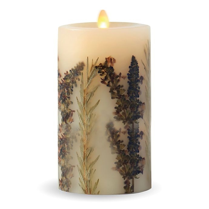 slide 1 of 3, Luminara Embedded Lavender & Thyme Real-Flame Effect Pillar Candle, 6 in