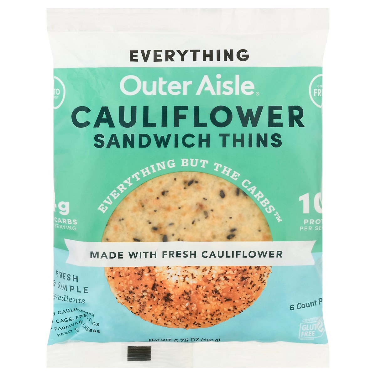 slide 1 of 14, Outer Aisle Cauliflower Everything Sandwich Thins 6 ea, 6.75 oz