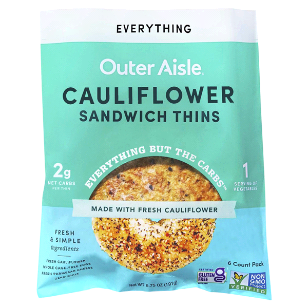 slide 1 of 1, Outer Aisle Cauliflower Keto Plant Power Everything Sandwich Thins, 6 ct; 6.75 oz