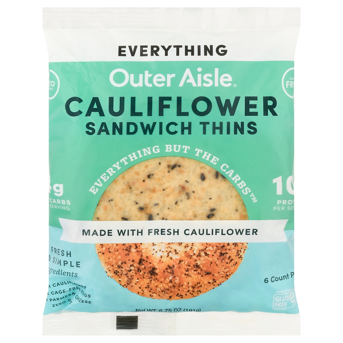 slide 1 of 4, Outer Aisle Cauliflower Keto Plant Power Everything Sandwich Thins, 6 ct; 6.75 oz