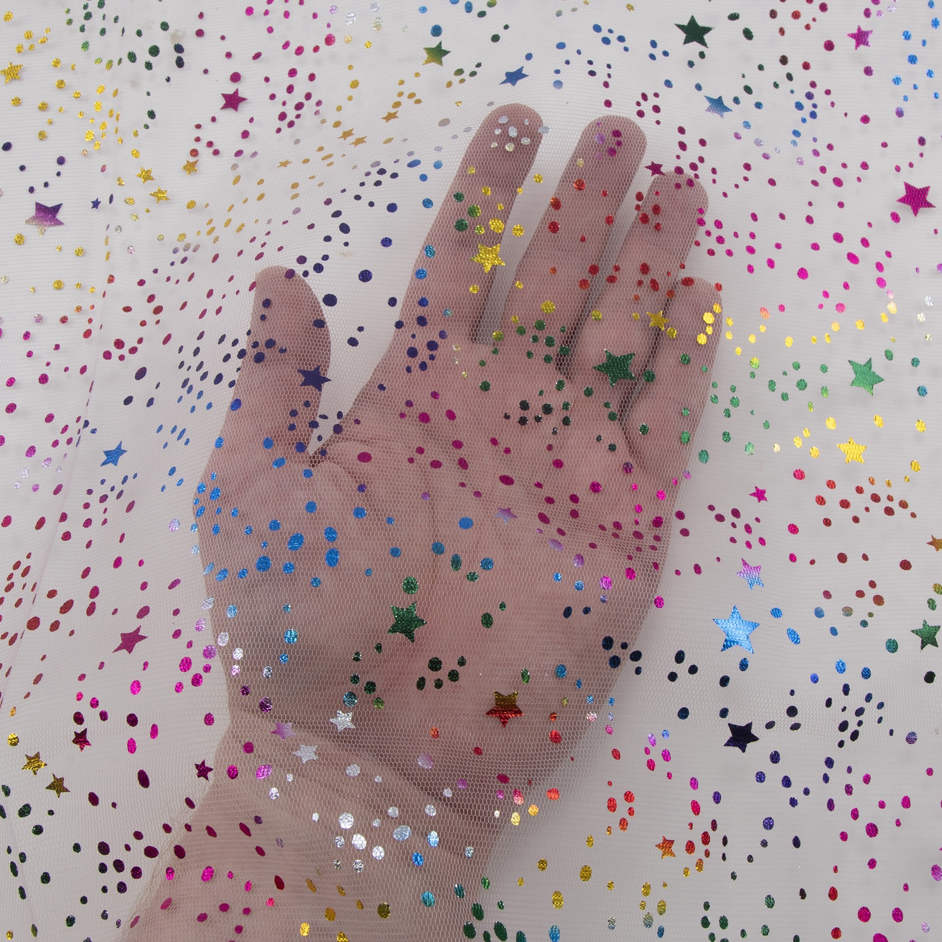 slide 3 of 4, Wyla Light Pink Stars Mesh Polyester Fabric, 60 in